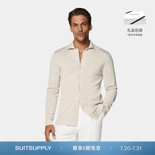 25夏新款 SUITSUPPLY砂砾色棉桑蚕丝混纺长袖 休闲男士 Polo开襟衫