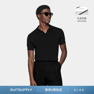 SUITSUPPLY夏黑色短袖 桑蚕丝混纺清凉无扣纯色休闲 男士 Polo衫