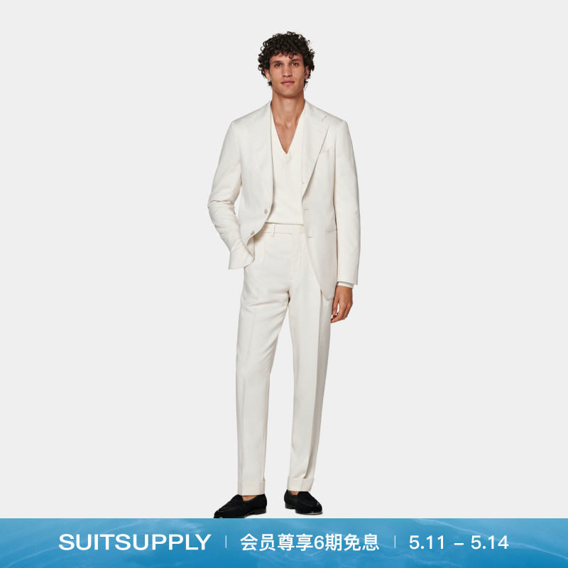 夏季SUITSUPPLY米白色西服桑蚕丝修身商务男士西装套装