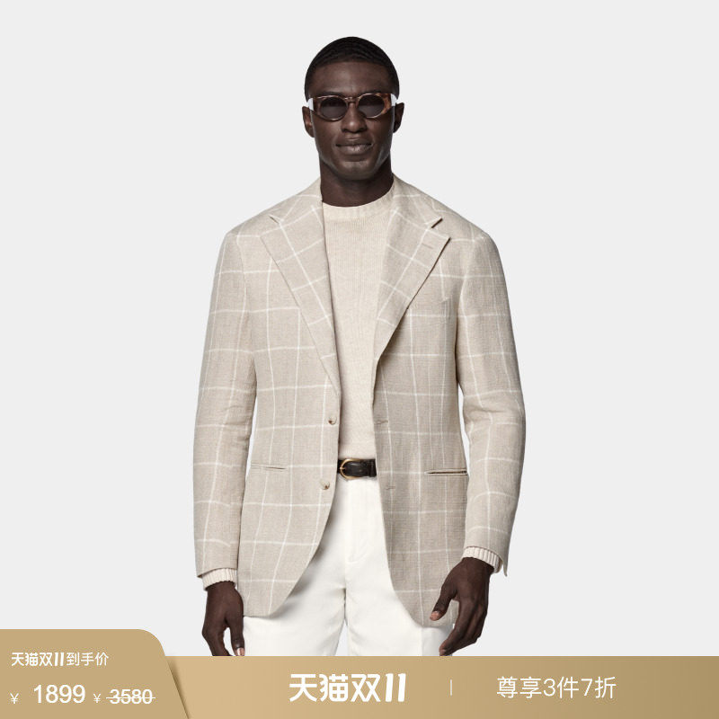 【天猫专享】奥莱SUITSUPPLY-Roma浅灰褐色亚麻格纹男士西装上衣