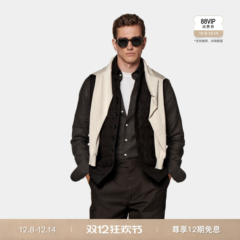 Suitsupply深棕色亚麻羽绒马甲