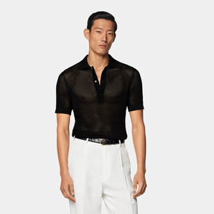 25夏新款 SUITSUPPLY黑色棉桑蚕丝混纺钩针编织男士 短袖 Polo衫