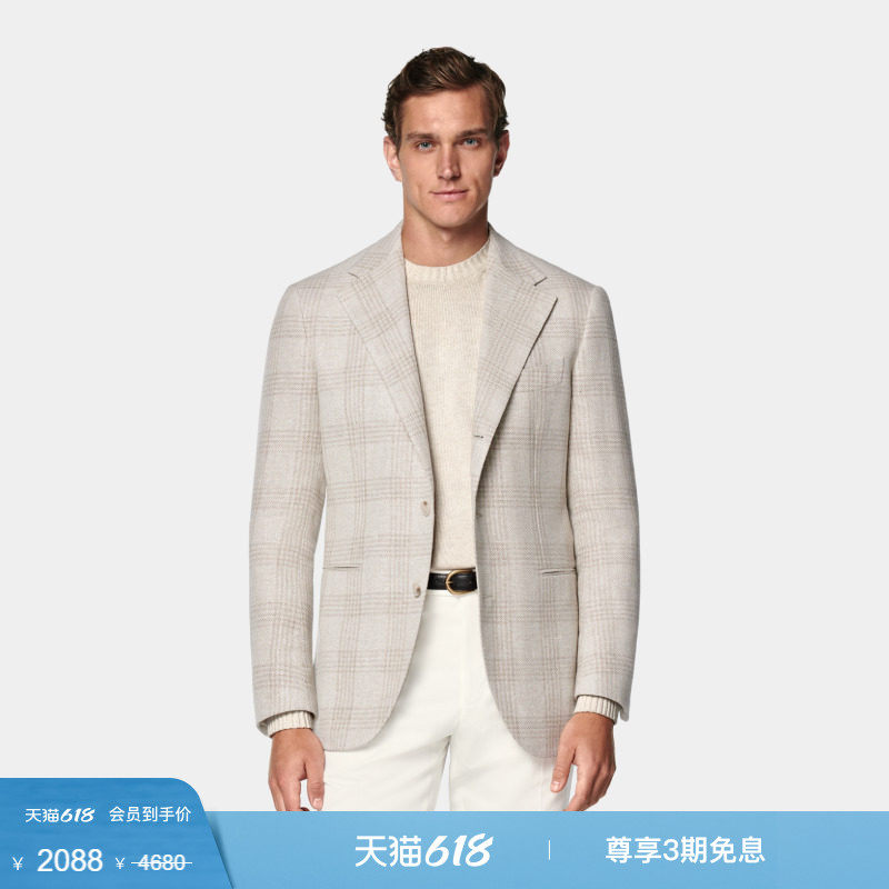 奥莱SUITSUPPLY浅灰褐色格纹亚麻桑蚕丝混纺男士西装上衣