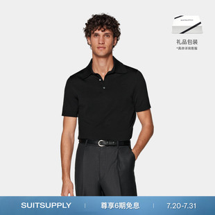 SUITSUPPLY夏黑色polo衫 休闲 短袖 棉桑蚕丝混纺纽扣男士