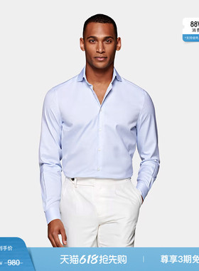 奥莱SUITSUPPLY-浅蓝色埃及棉格纹弧开领男士休闲衬衫