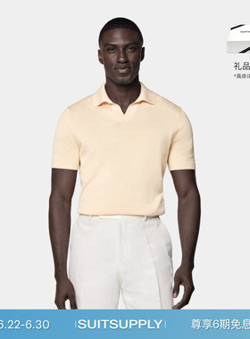 SUITSUPPLY浅黄色棉桑蚕丝混纺无扣短袖Polo衫