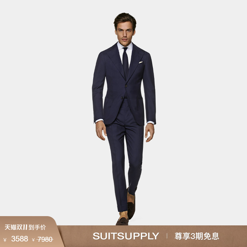 深蓝色s150羊毛修身男士西装套装