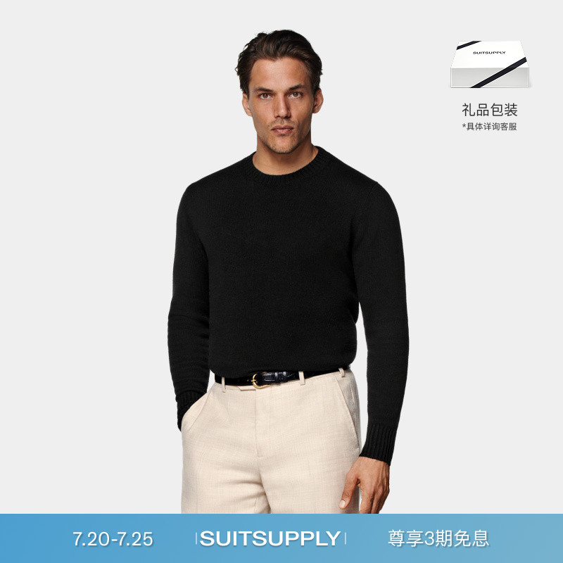 SUITSUPPLY黑色山羊绒圆领男士长袖针织衫毛衣