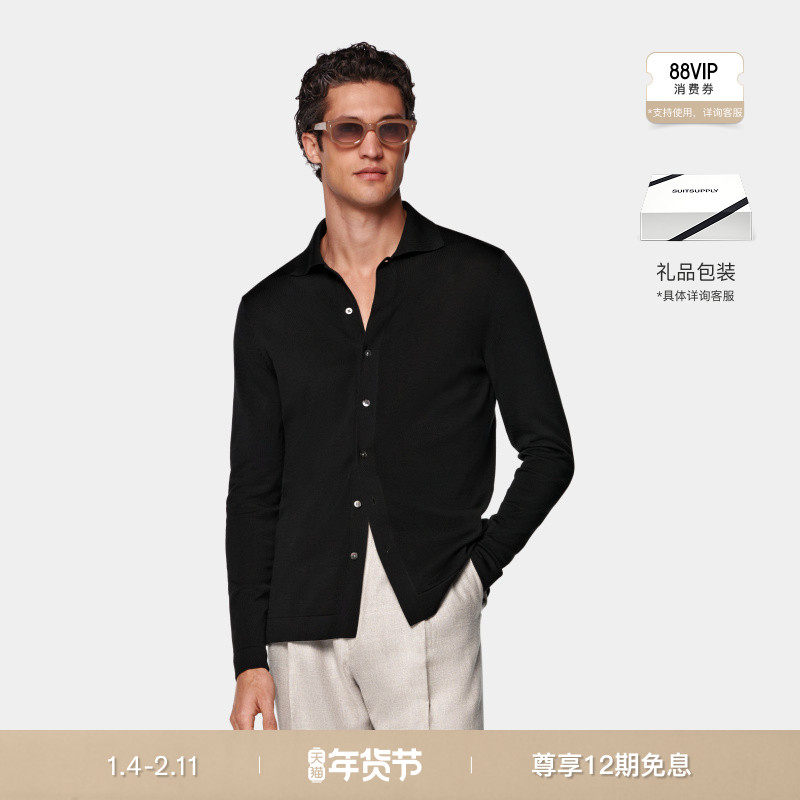 SUITSUPPLY秋季黑色棉混纺男士长袖Polo开襟衫,男装,Polo衫,淘宝优惠券,粉丝福利购,淘宝优惠卷