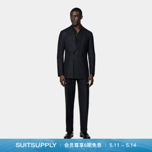 夏季 男士 SUITSUPPLY西服藏青色羊毛桑蚕丝亚麻混纺修身 西装 套装