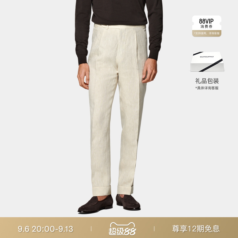 SUITSUPPLY浅棕色亚麻休闲锥型修身男士长裤