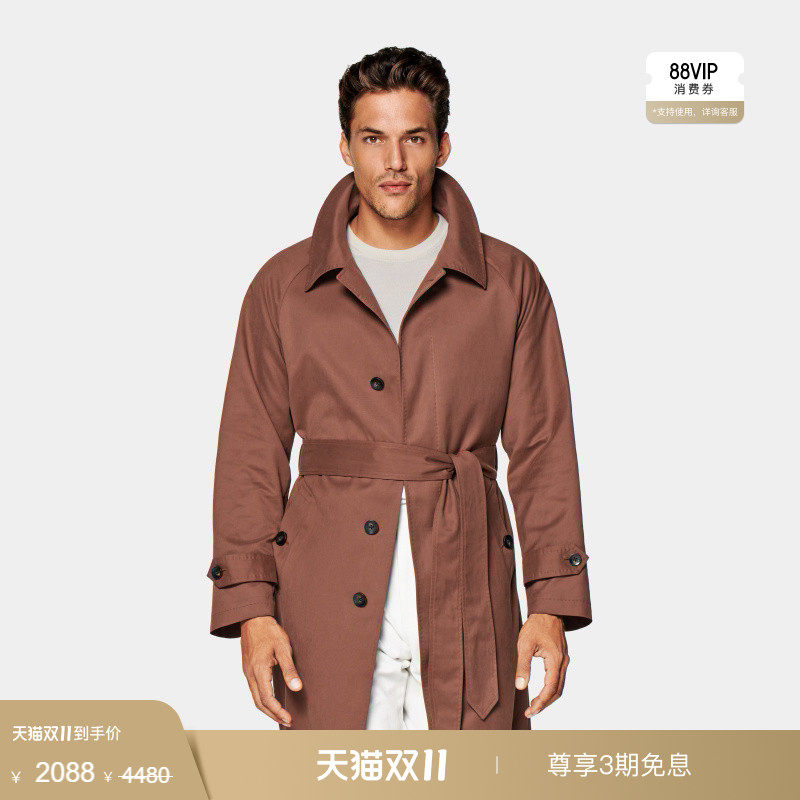 奥莱SUITSUPPLY深橙色男士风衣束腰大衣外套腰封时尚休闲