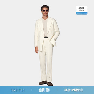 套装 SUITSUPPLY米白色亚麻混纺男士 双排扣西装