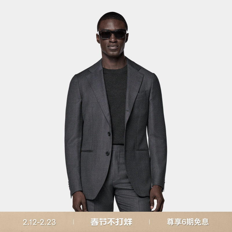 SUITSUPPLY深灰色S130支羊毛外套鸟眼纹男士西装上衣
