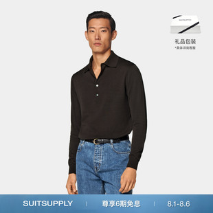 25夏新款 SUITSUPPLY深棕色棉桑蚕丝混纺长袖 纽扣商务男士 Polo衫