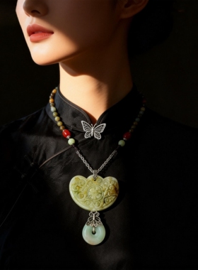 新中式国风原创天然翡翠复古锁牌平安扣珠串老银项链锁骨链毛衣链