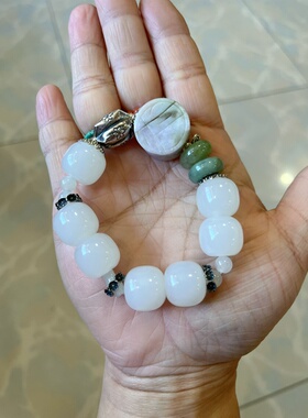 新中式国风原创设计天然紫翡翡翠桶珠和田玉羊脂白玉老型手串手链