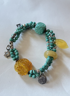 新中式国风原创设计天然蜜蜡绿松石蜜蜡珠串纯银手链手串