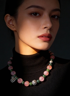 新中式国风原创设计天然南红玛瑙冰红和田玉碧玉老银项链毛衣链