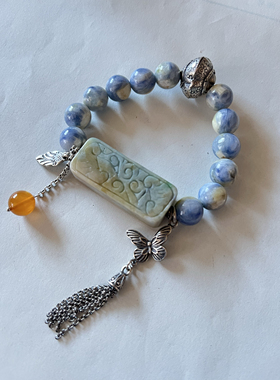 新中式国风原创天然翡翠方牌蓝晶石水晶珠蜜蜡复古老银链手串手链