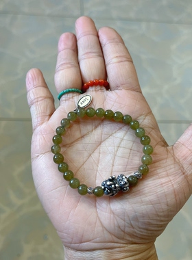 新中式国风原创设计天然和田玉新疆且末糖青玉老银貔貅手串手链