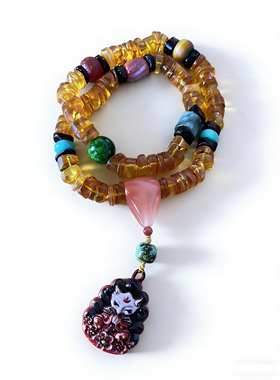 新中式国风原创天然琥珀蜜蜡大肠南红玛瑙多宝朱砂九尾狐吊坠手持