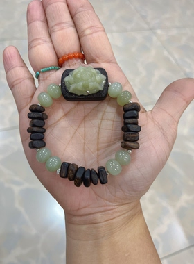 新中式国风原创设计天然和田玉花牌镶嵌沉香隔片算盘珠手串手链