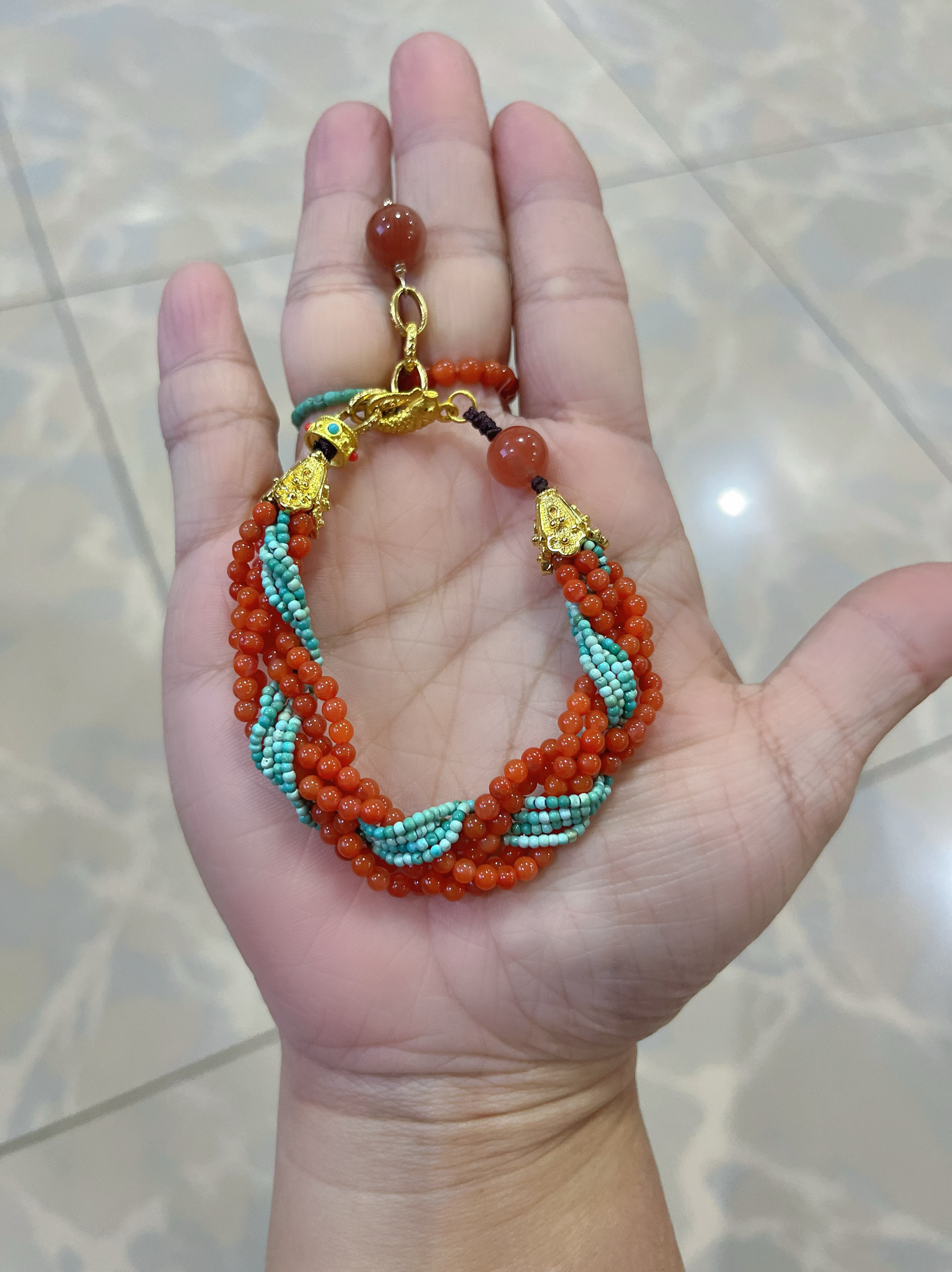 新中式原创设计天然南红玛瑙川料柿子红绿松石小米珠麻花结手链