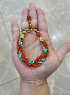 新中式原创设计天然南红玛瑙川料柿子红绿松石小米珠麻花结手链