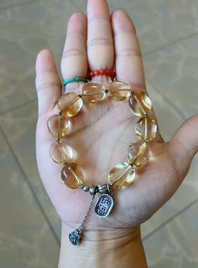 新中式原创设计天然高品质净体黄水晶随型珠串老银手串手链