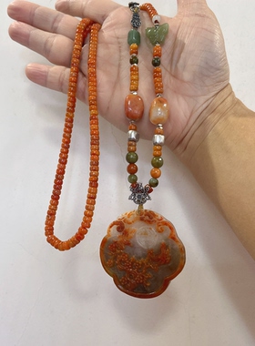 新中式国风原创天然红翡翠复古花牌算盘珠串老银项链锁骨链毛衣链