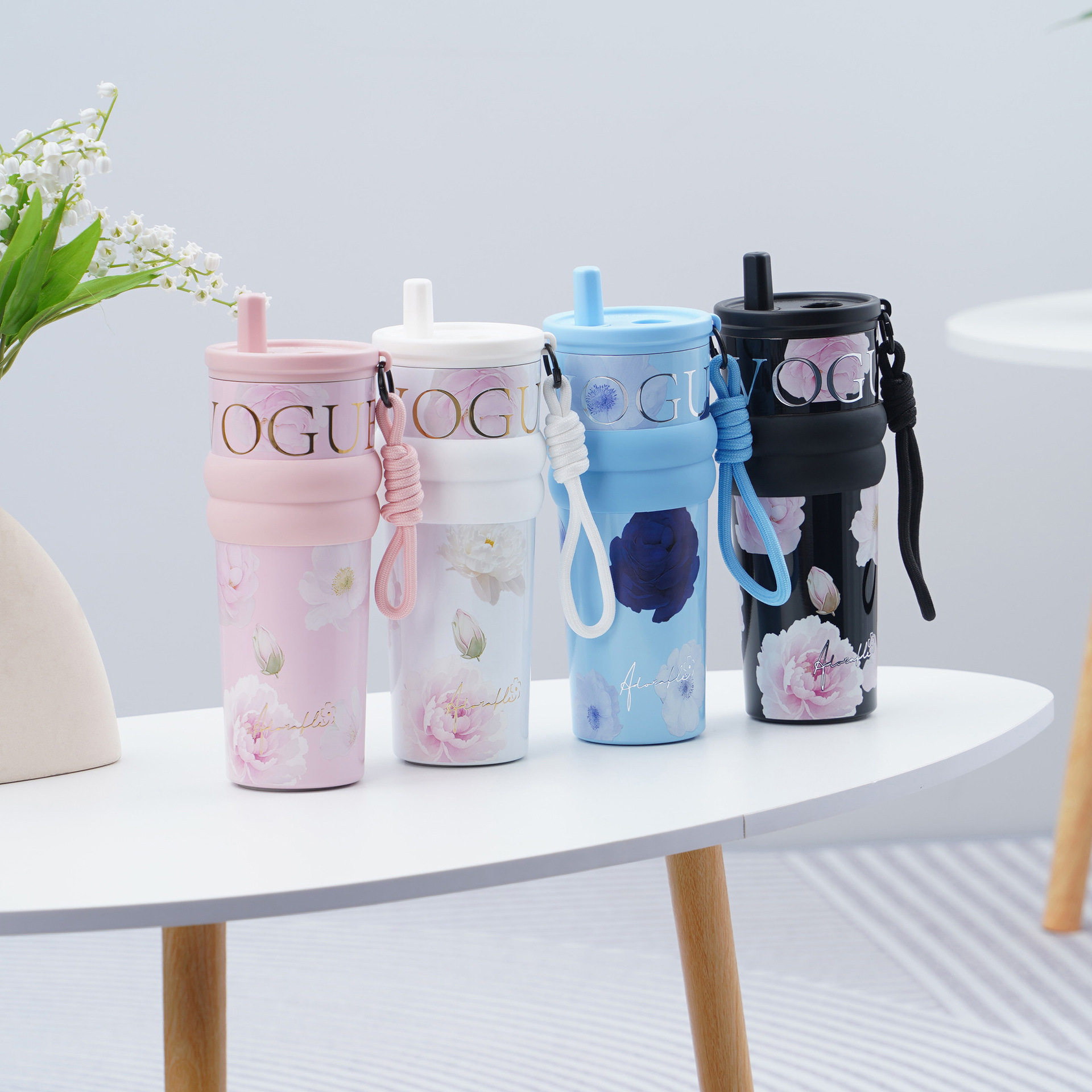 新款316不锈钢保温杯轻奢高颜值双饮咖啡杯带提绳茶水分离吸管杯