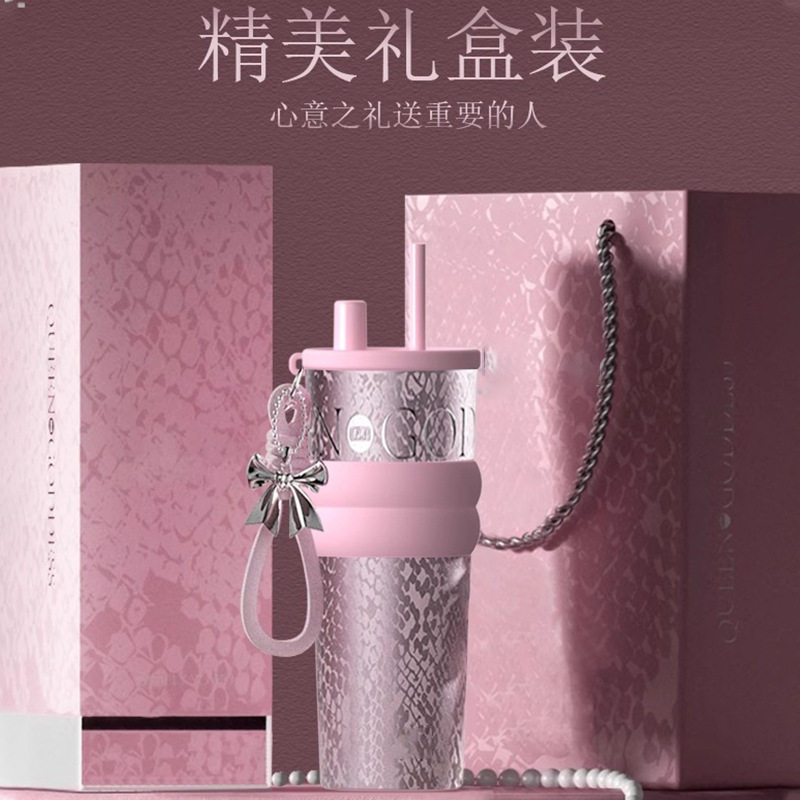 316不锈钢水杯保温杯女高颜值吸管陶瓷内胆冰霸杯生日礼物带礼盒