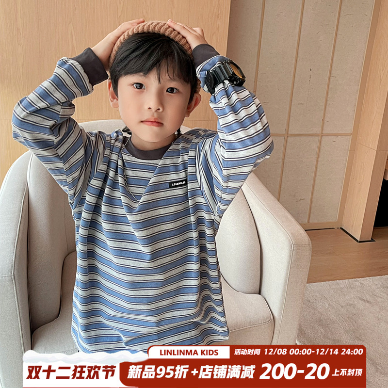 条纹长袖圆领休闲春秋童装T恤