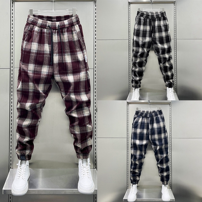 春秋新款格子裤子男款弹力束脚裤
