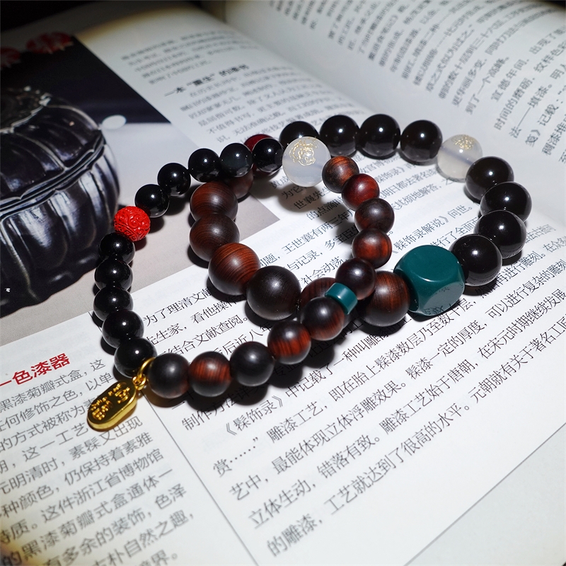 雷击崖柏黑曜石朱砂本命佛手串