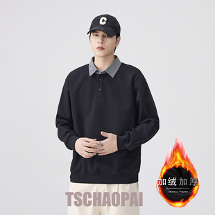 冬季新款美式潮牌纯色POLO衫卫衣男宽松大码加绒加厚保暖长袖上衣