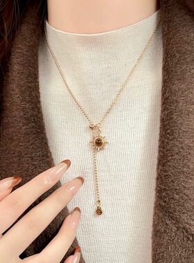 虎眼石太阳花项链女秋冬美拉德复古气质长款毛衣链轻奢高级感