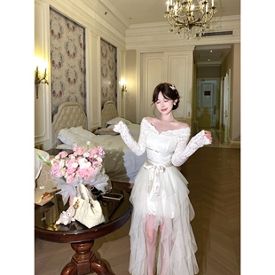 温柔风蕾丝网纱连衣裙小香风套装 新款 拖尾小礼裙 生日战裙 白里