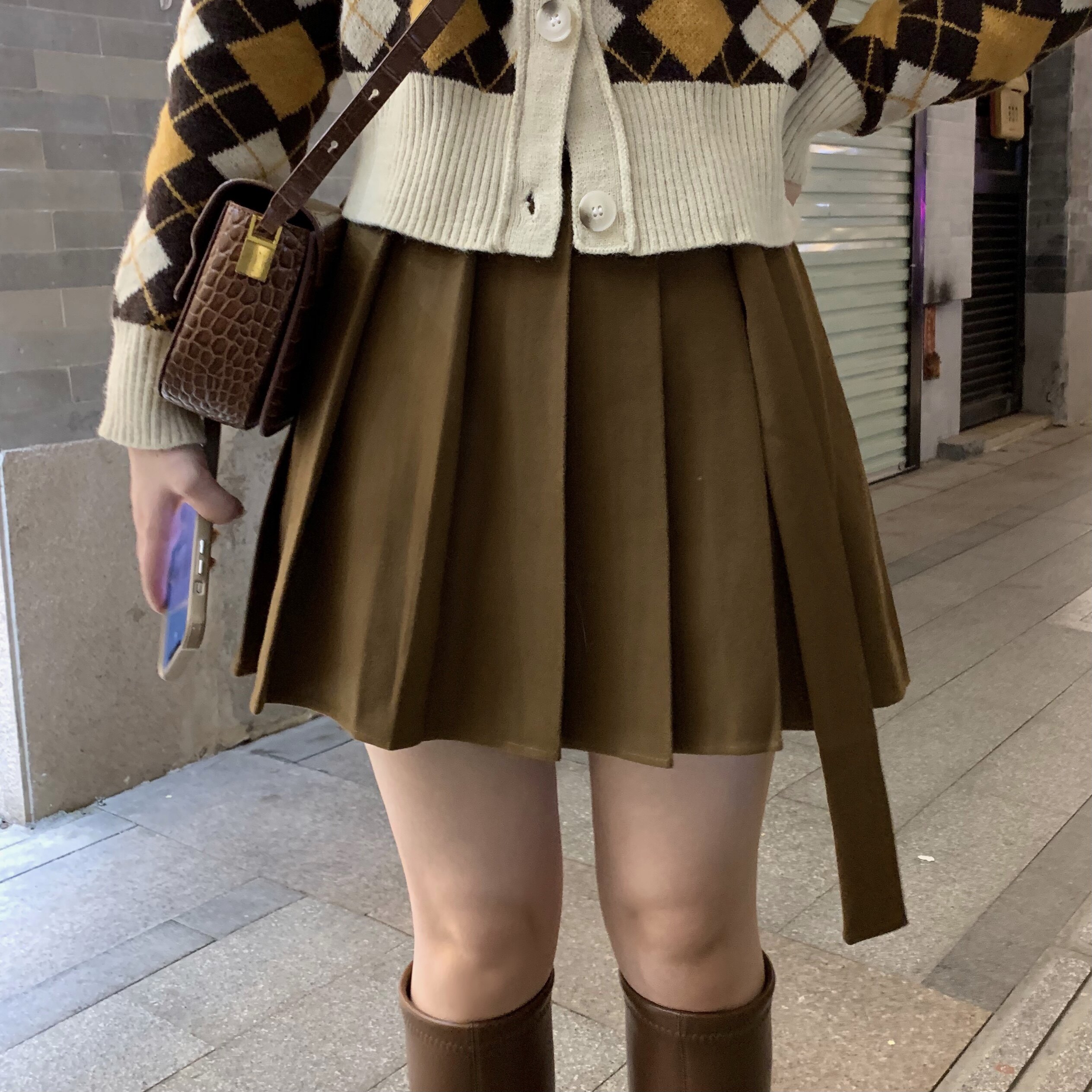 白里bailistudio 设计感百褶裙 秋冬高腰显瘦a字裙咖色飘带半身裙