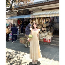 白里 蜜糖雏菊 奶黄长款法式甜美立体花朵裙子小飞袖温柔风连衣裙