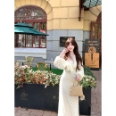 高端优雅长裙V领收腰显瘦长裙羽毛纱蕾丝连衣裙 法式 白里 月下白