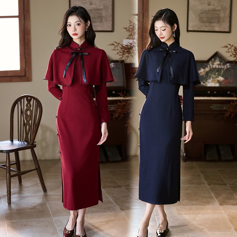 2026新款酒红色蓝色国风新中式长款秋季长袖旗袍改良年轻款女