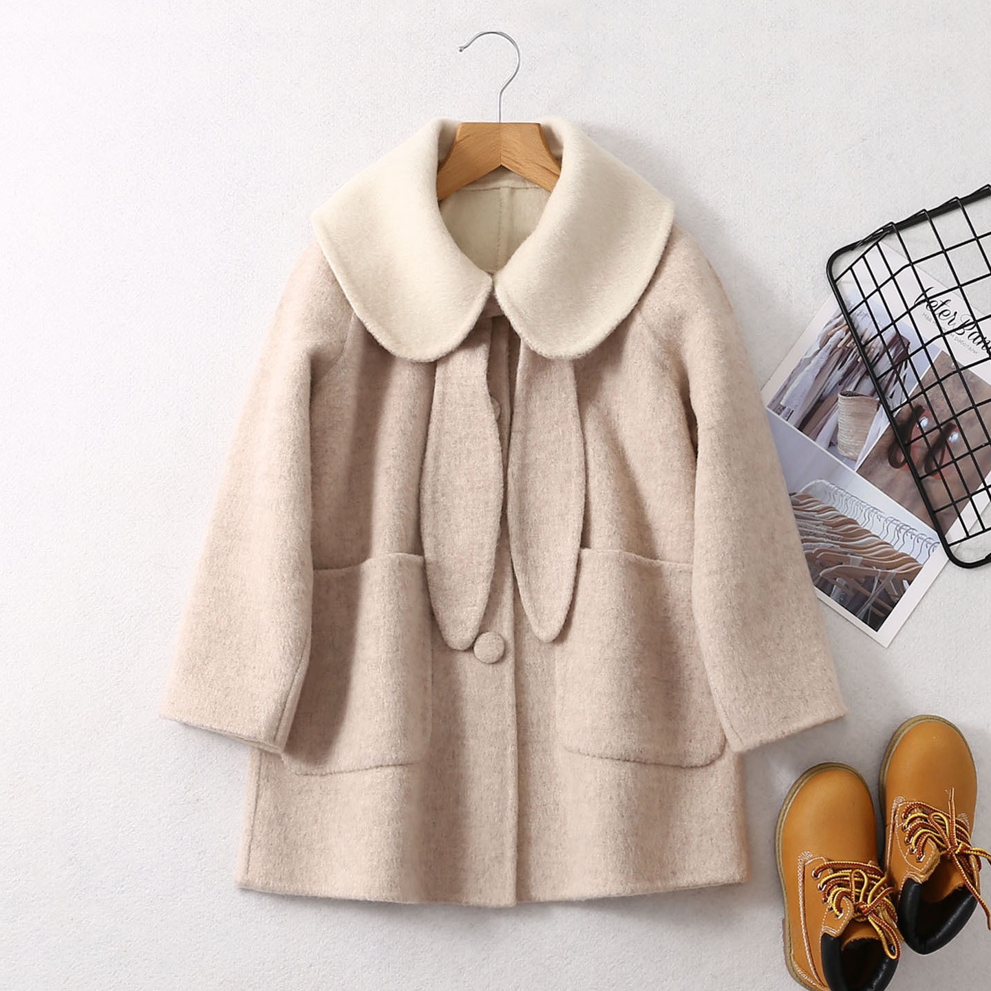 2025新款秋冬女童可爱兔耳朵翻领双面羊绒羊毛呢大衣外套韩版