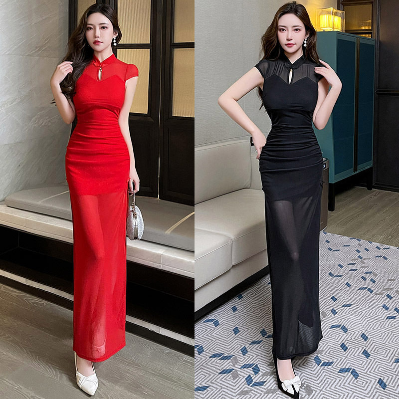 2026新款?按摩桑拿技师工作服性感修身气质夜店工衣V领旗袍长裙