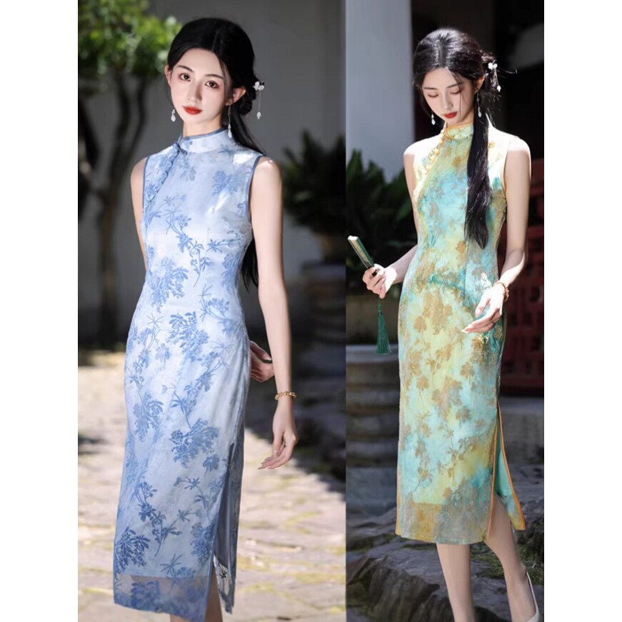 2026新款蓝色夏季旗袍中长款双层日常复古改良年轻国风连衣裙