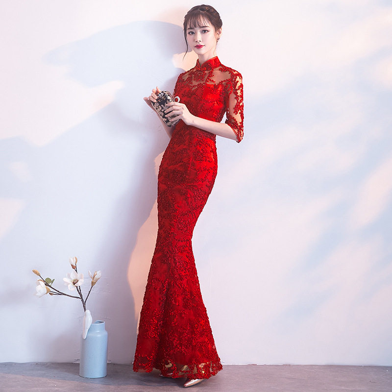 2026新款敬酒服旗袍夏中式鱼尾大红色新娘结婚回门礼服裙女长款高