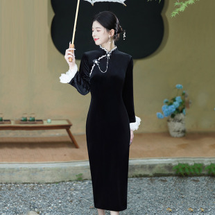 2026新款黑色丝绒国风新中式苏州秋季长袖旗袍改良年轻款女高