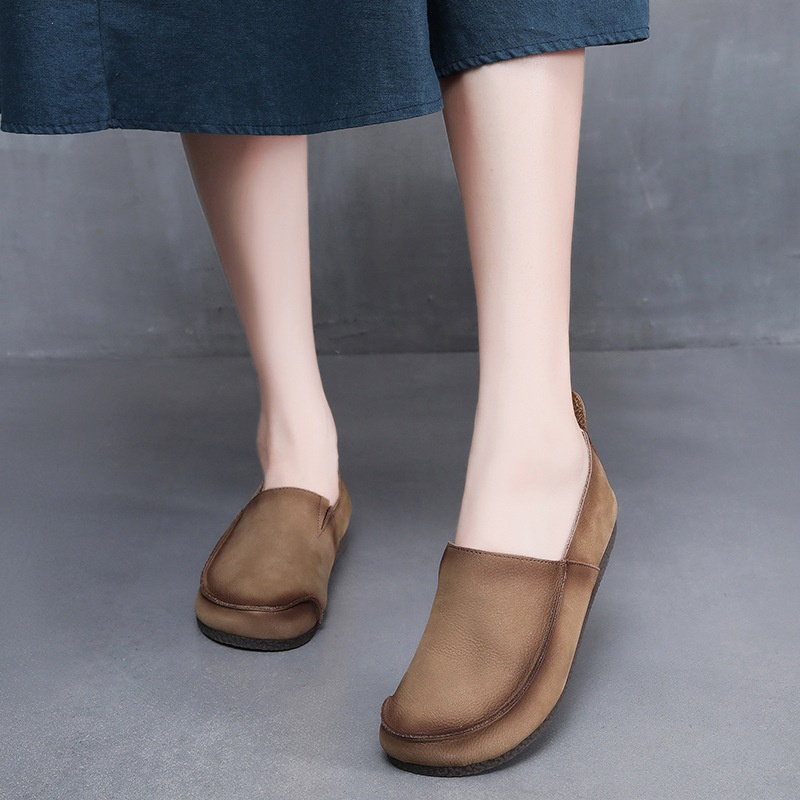 2025新款四季牛皮平底鞋拼色女单鞋软底软皮文艺复古真皮妈妈