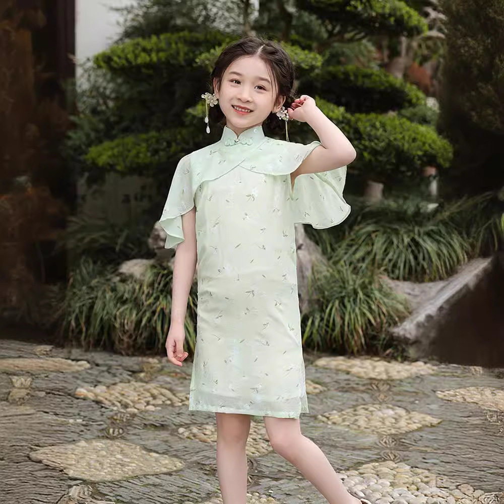 2026新款新夏季复古修身无袖旗袍披肩假两件女童中国风纯色旗袍连